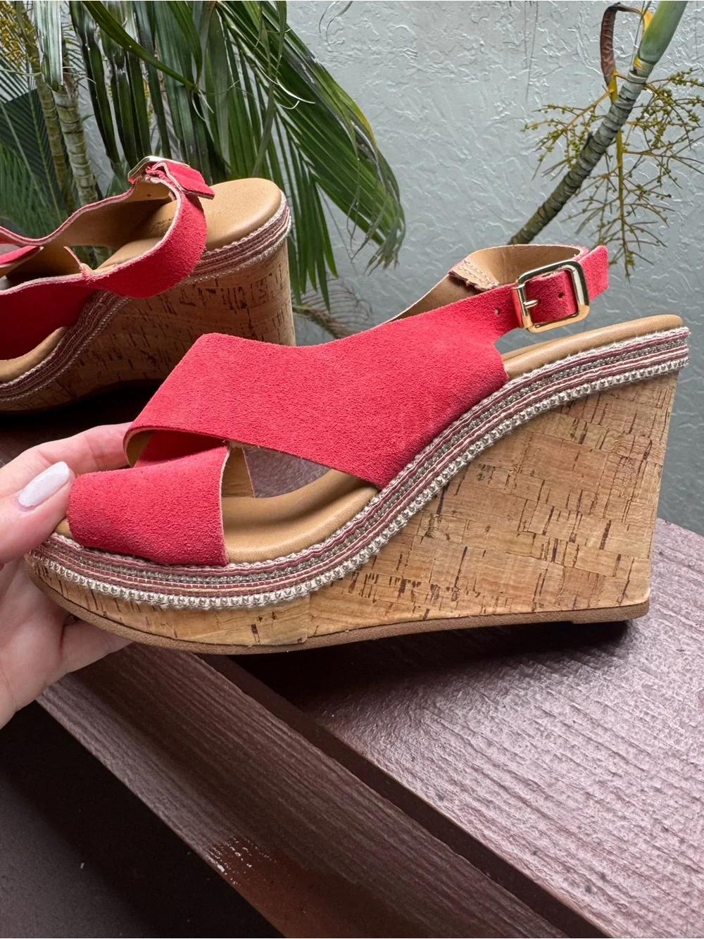 A. Giannetti Coral Dark Coral Suede Cork Wedge Sandals